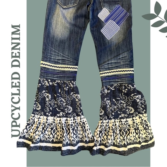 Upcycled Denim Bell Bottom Jeans Patchwork Ribbon Lace Blue Cream White Size 27 - Picture 4 of 8